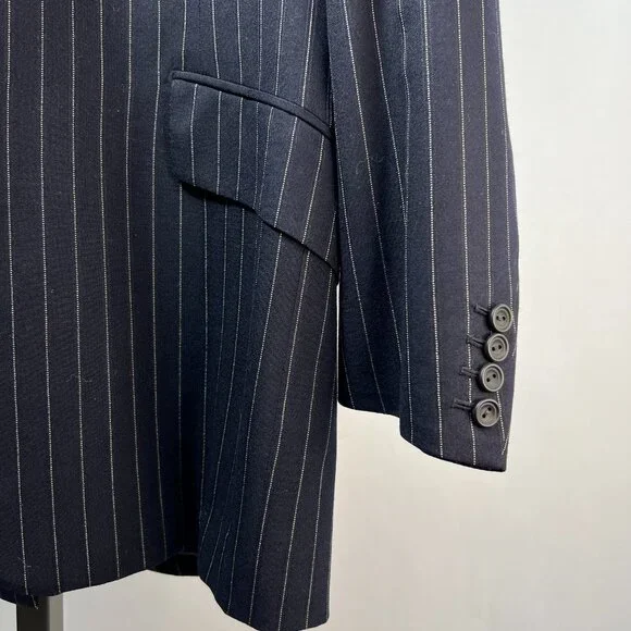H.HUNTSMAN & SONS LTD LONDON Navy Pinstripe 1 Button Wool Blazer Jacket 46 - Picture 3 of 10